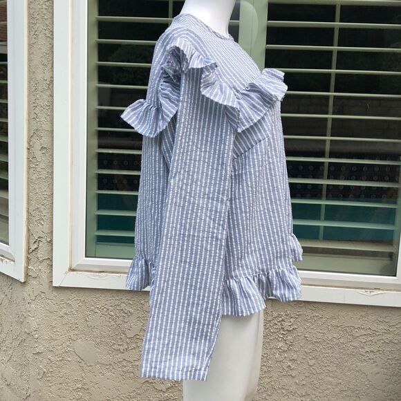 Lost Ink Blue/White Stripe Ruffle Blouse SzXL - Picture 6 of 12